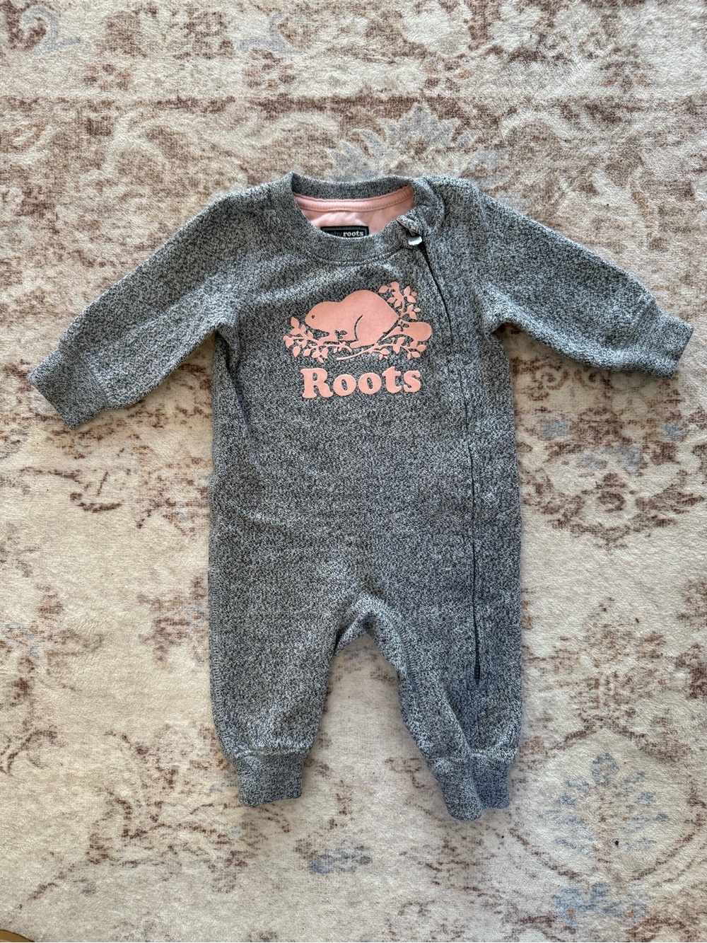 Roots Grey Footed One-Piece with Pink Logo
